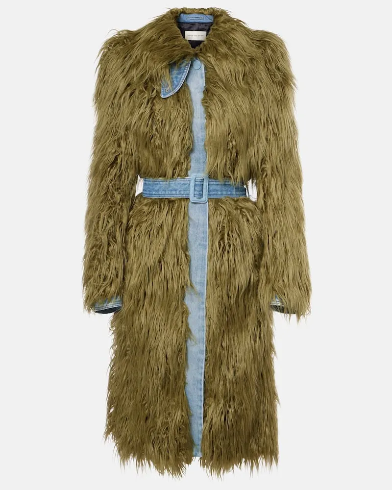 Dries van Noten Cappotto di jeans Rangel con pelliccia sintetica Verde