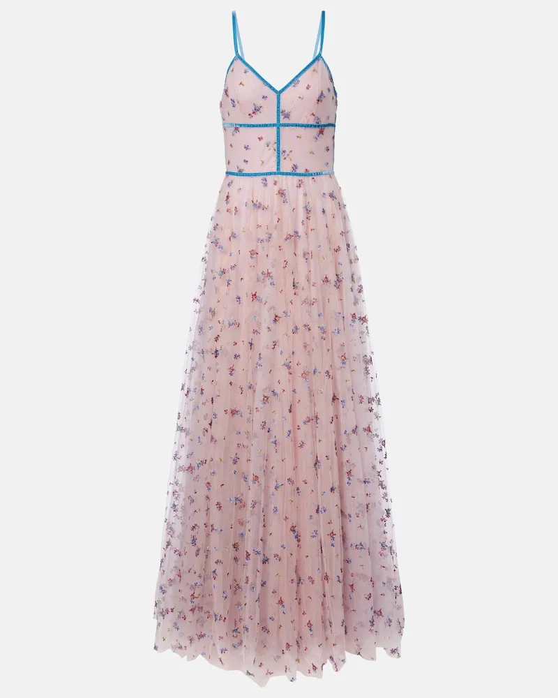 COSTARELLOS Abito lungo in tulle con pizzo floreale Rosa