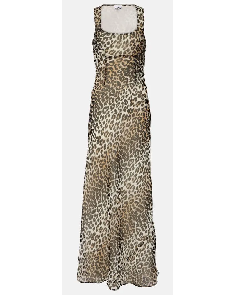 Ganni Abito lungo in chiffon con stampa Marrone