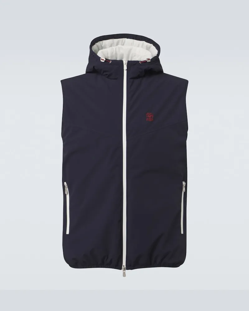 Brunello Cucinelli Gilet in nylon con cappuccio e logo Blu
