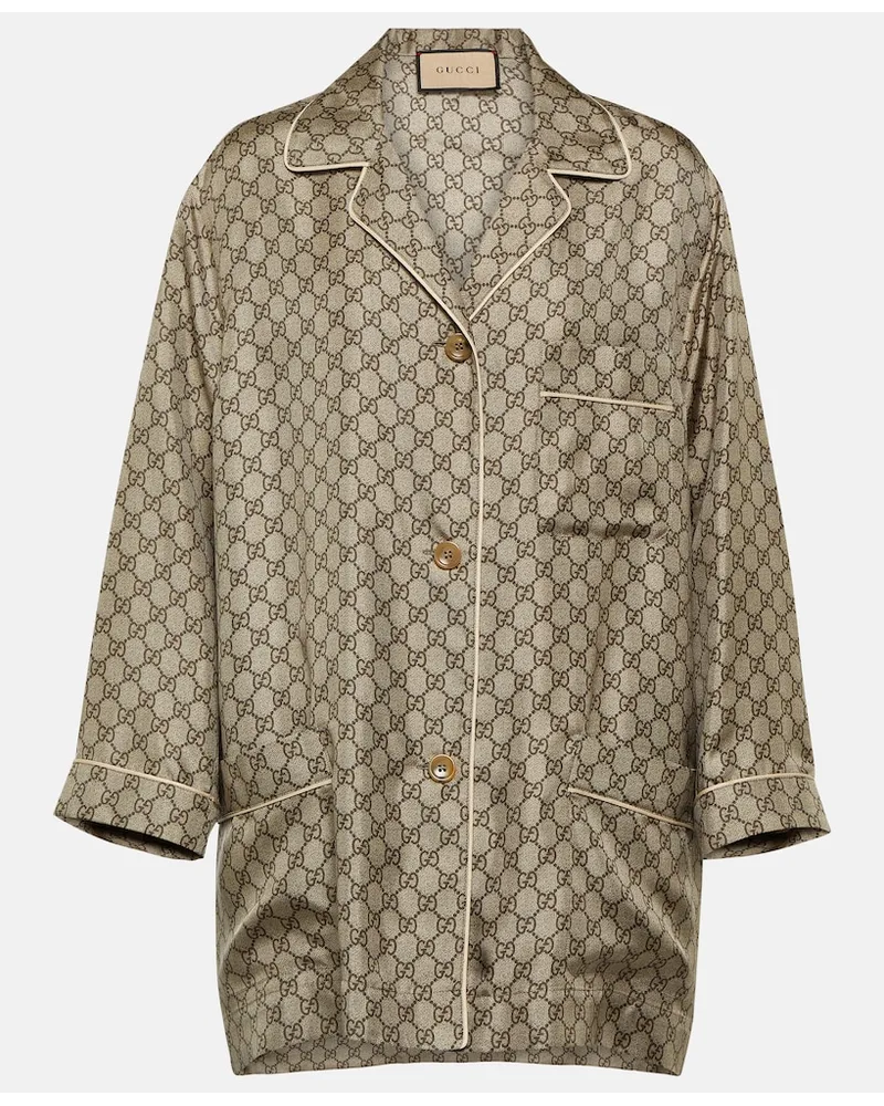 Gucci Camicia oversize in seta GG Supreme Marrone