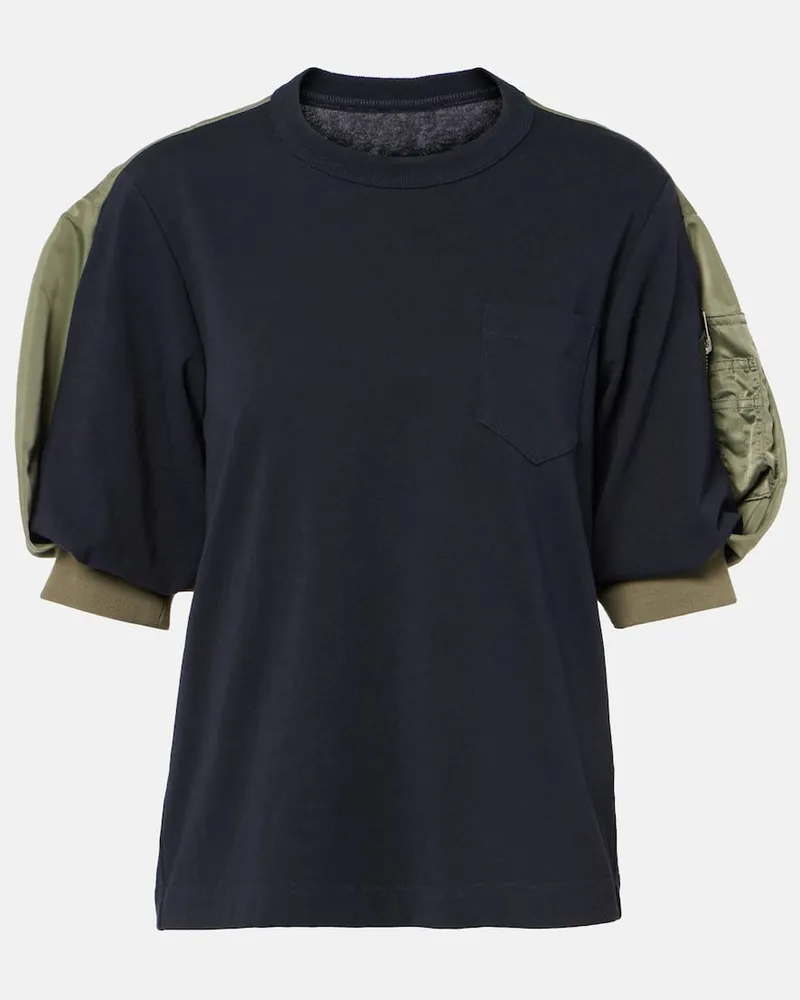 Sacai T-shirt in jersey di cotone con twill Blu
