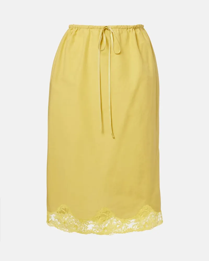 Saint Laurent Gonna midi in cotone e seta con pizzo Giallo