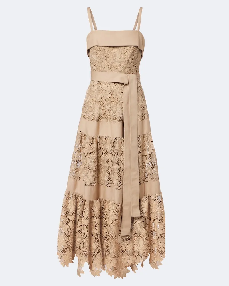 Elie Saab Abito lungo in macramè a balze Beige