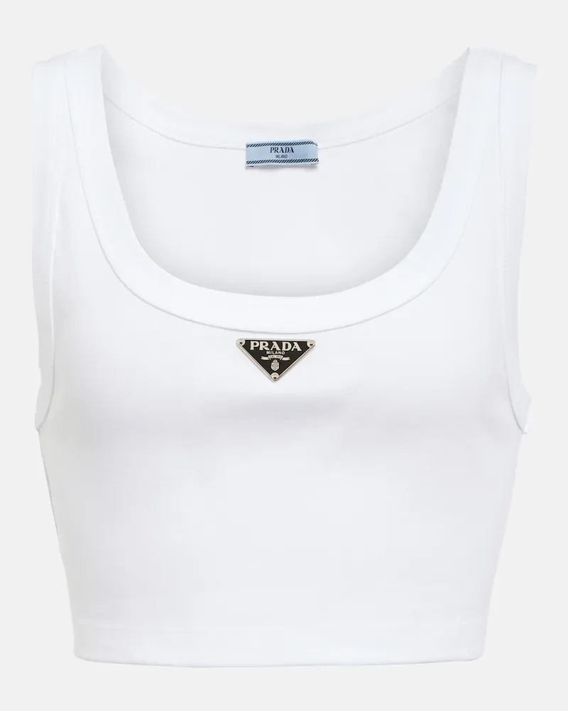 Prada Top cropped in jersey di cotone con logo Bianco