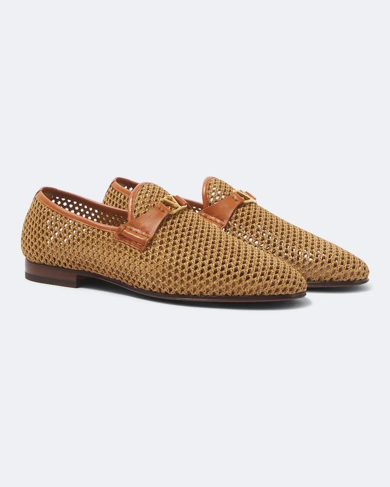 Valentino Garavani Mocassini Wolfe VLogo in rafia con pelle Beige