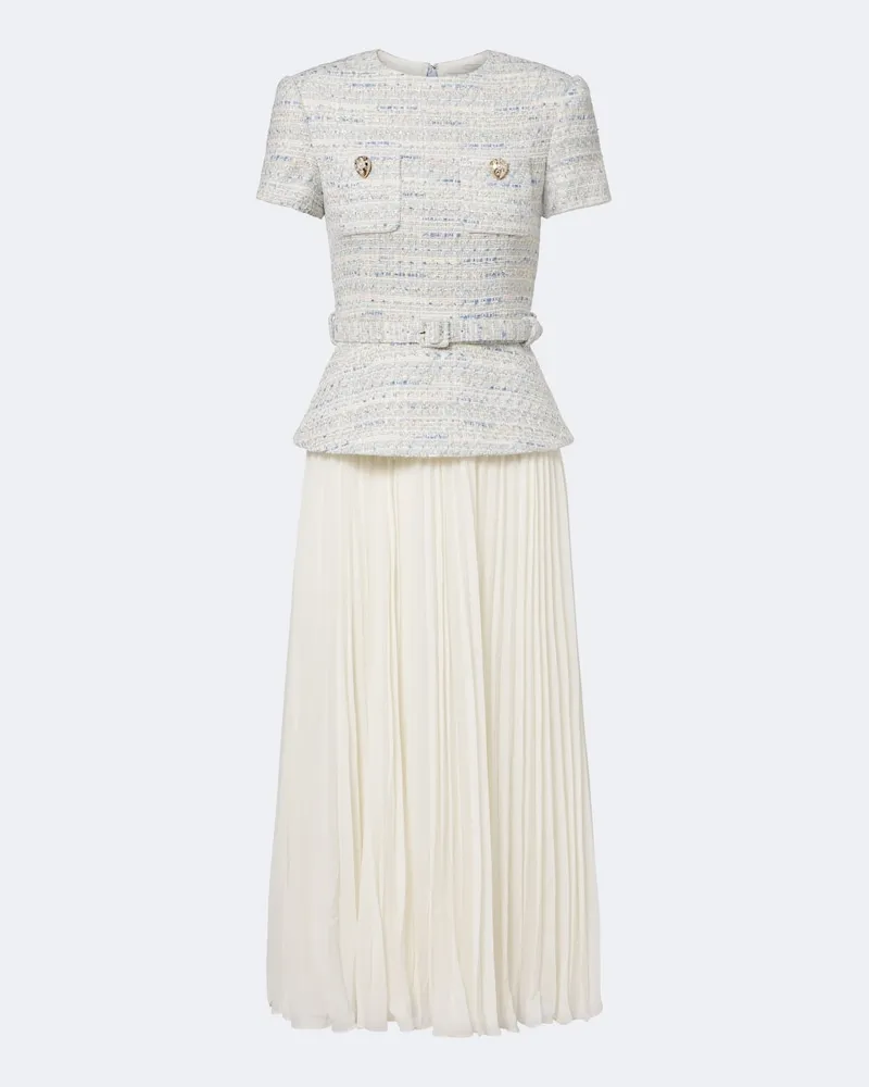 Self-Portrait Abito midi in bouclé e chiffon Bianco
