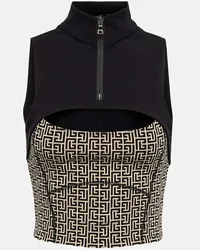 Balmain Top cropped in jersey con monogramma Multicolore