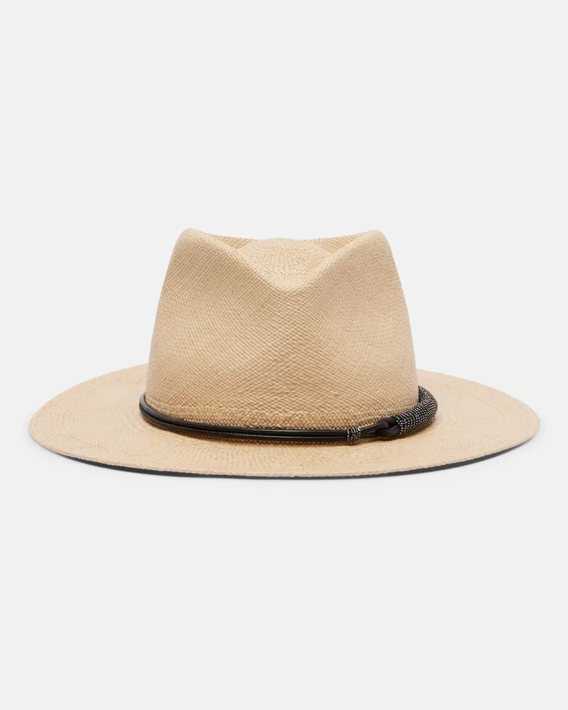 Brunello Cucinelli Cappello fedora Monili in paglia con pelle Beige