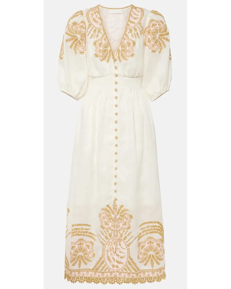 Zimmermann Abito midi Waverly in lino con ricamo Bianco