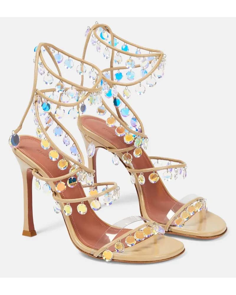Amina Muaddi Sandali Tina 105 in pelle con cristalli Argento