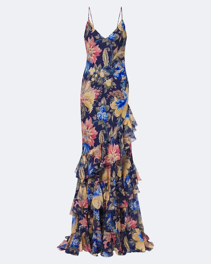 Etro Abito lungo floreale con volant Multicolore