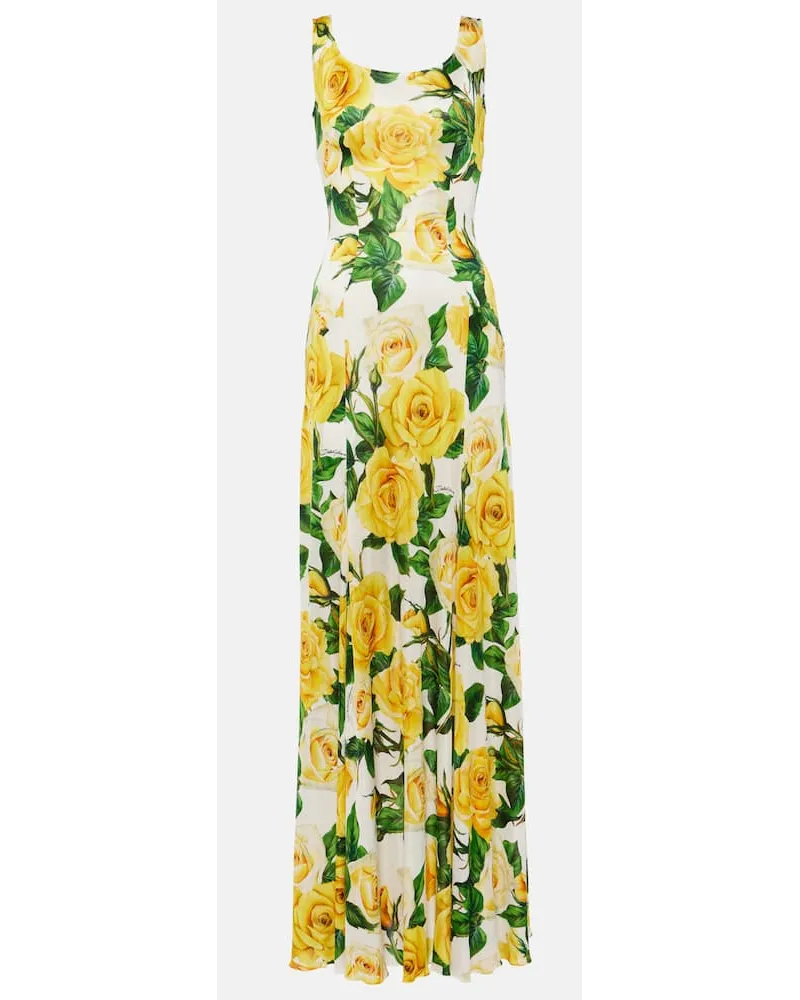 Dolce & Gabbana Abito lungo a pieghe con stampa Bianco
