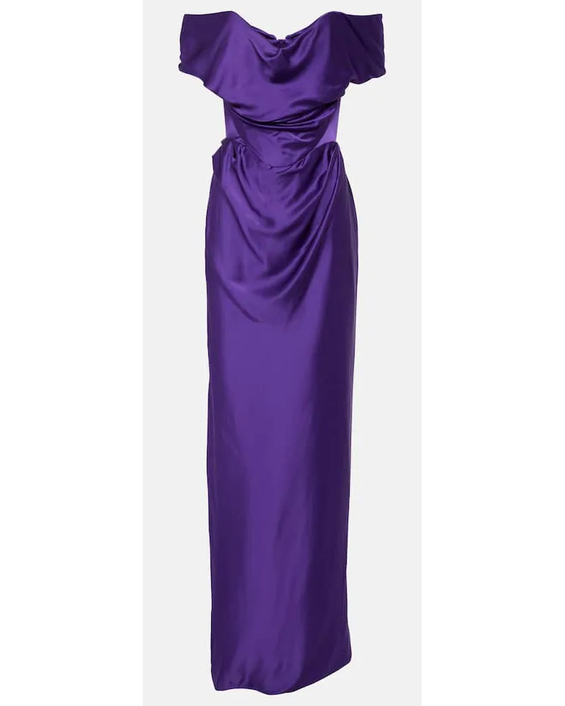 Vivienne Westwood Abito lungo in raso con scollo bardot Viola