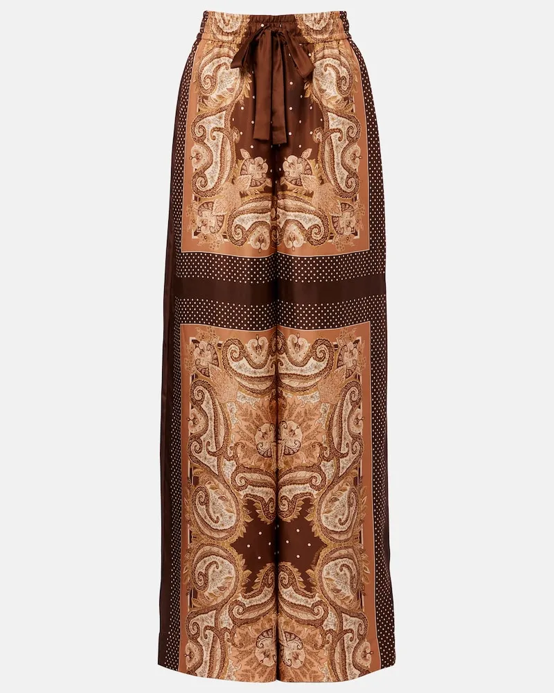 Zimmermann Pantaloni Luna in seta con stampa paisley Marrone