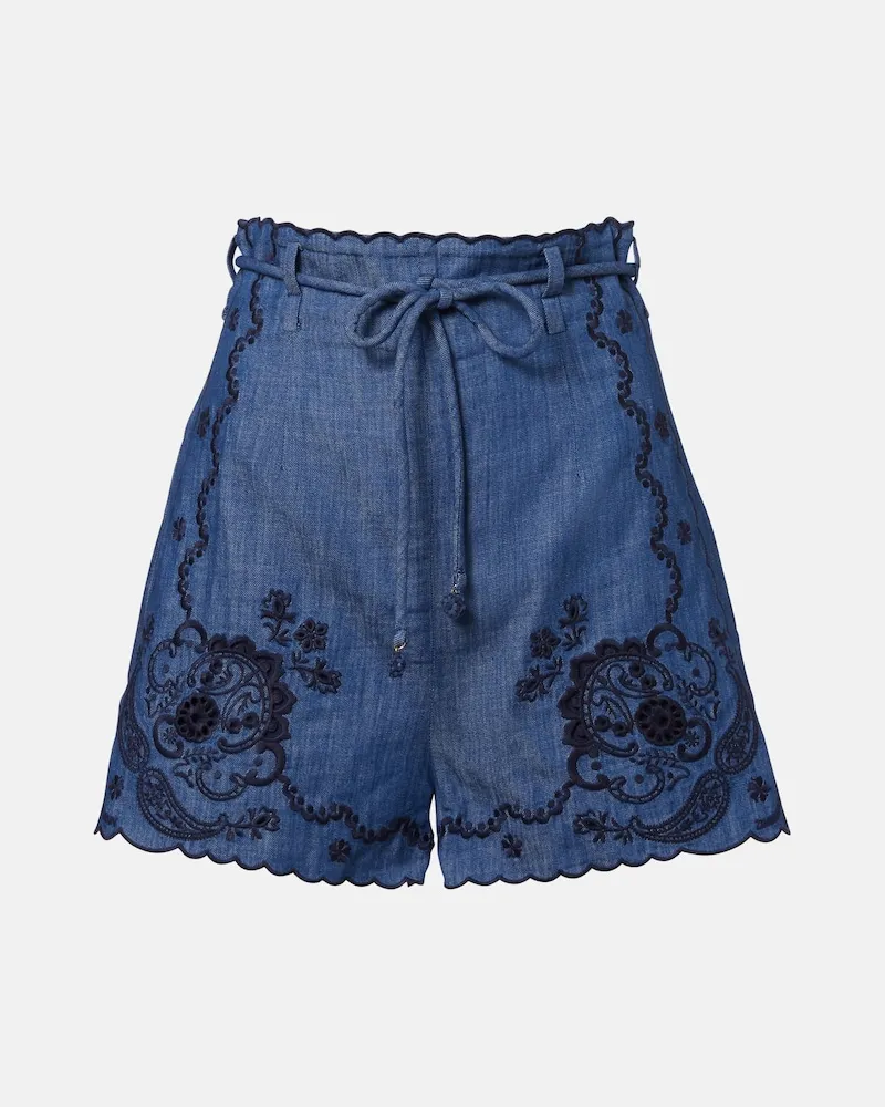 Zimmermann Shorts Aster in denim con ricamo Blu