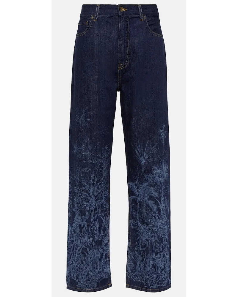 Alanui Jeans Jungle a vita alta con stampa Blu