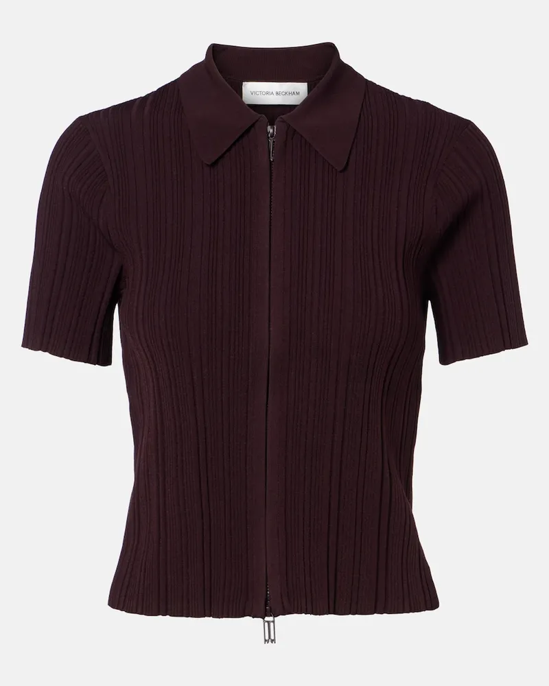 Victoria Beckham Top in maglia a coste con zip Borgogna