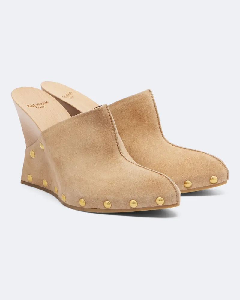 Balmain Mules in suede con zeppa Beige
