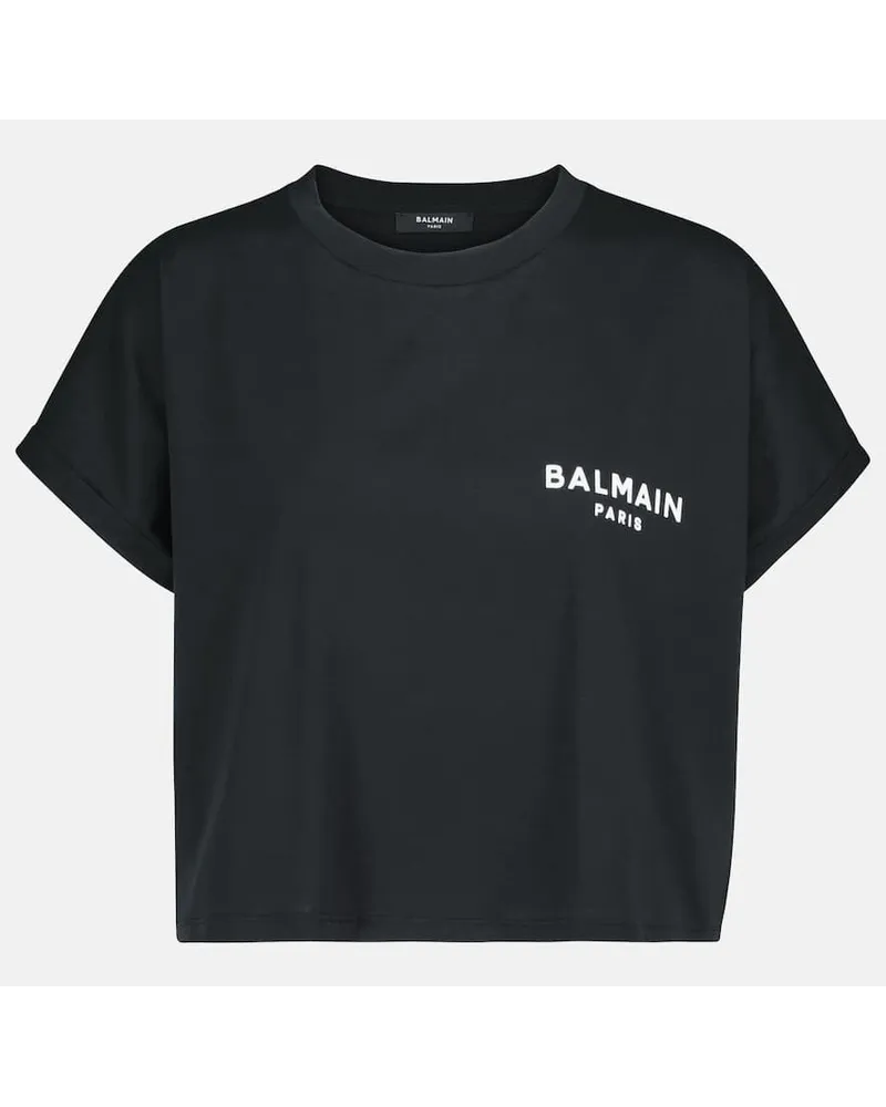 Balmain T-shirt cropped in cotone con logo Nero