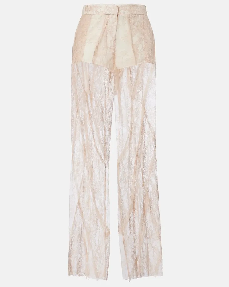 Blumarine Pantaloni in raso e pizzo a gamba larga Beige