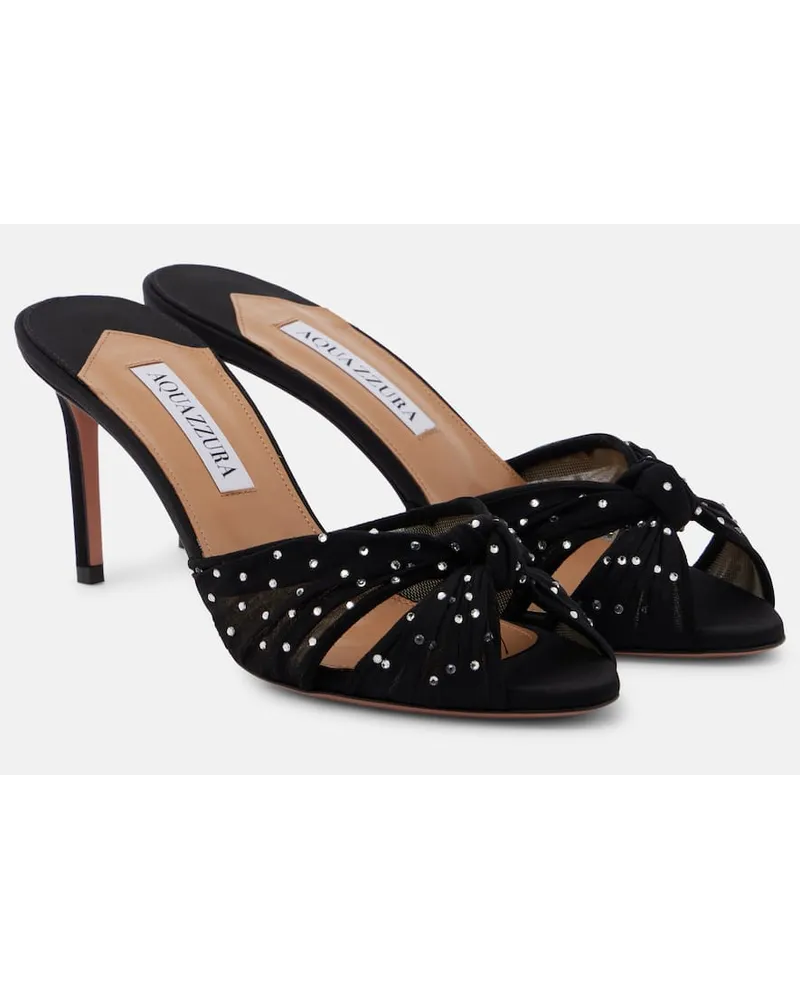 Aquazzura Mules Slow Kisses in chiffon con cristalli Nero