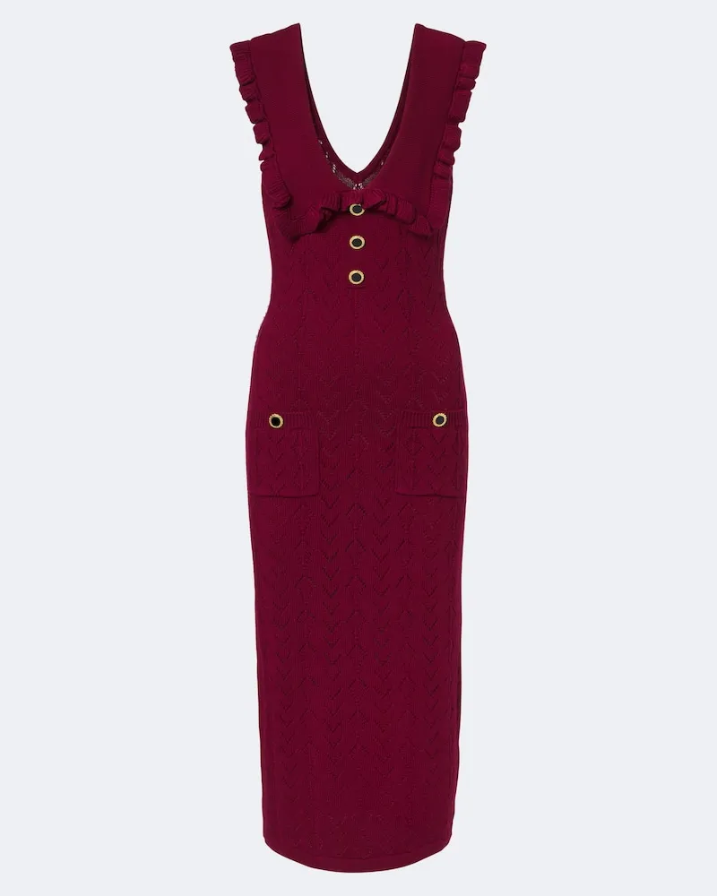 Alessandra Rich Abito midi in maglia di lana con volant Borgogna
