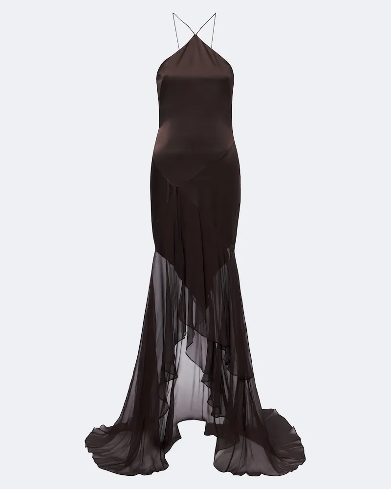 Alex Perry Abito lungo in seta con scollo all’americana Marrone