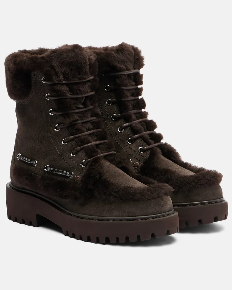 Brunello Cucinelli Stivali in suede con shearling e monili Marrone
