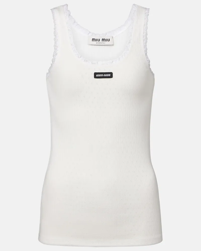 Miu Miu Top in pointelle di cotone con pizzo Bianco