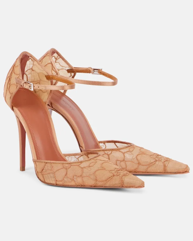 Amina Muaddi Pumps Barbara 105 in pizzo con raso Marrone