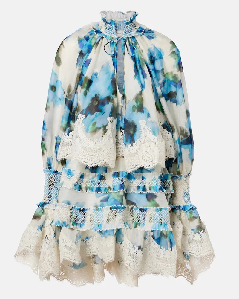 Zimmermann Abito corto in lino e seta con pizzo Blu