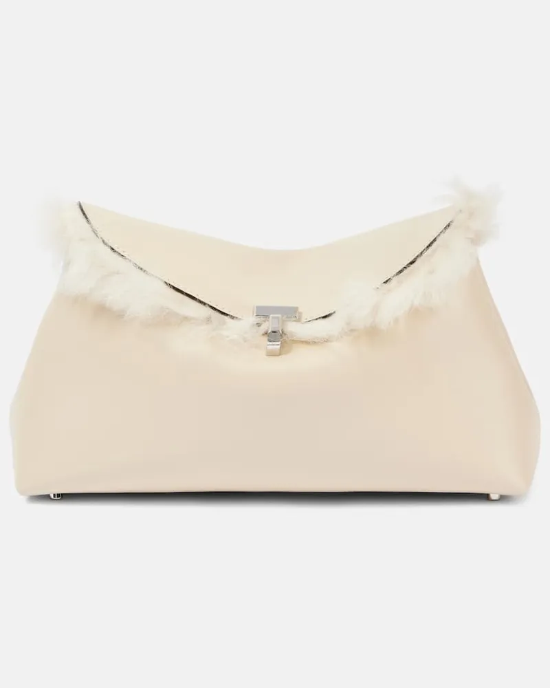 Totême Clutch T-Lock in pelle con shearling Bianco
