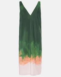 Dries van Noten Abito midi in misto seta con stampa Verde