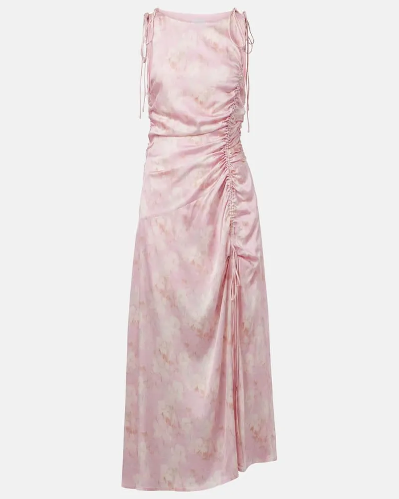 Ganni Abito midi in raso con stampa floreale Rosa