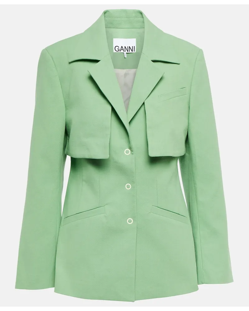 Ganni Blazer monopetto in canvas di cotone Verde