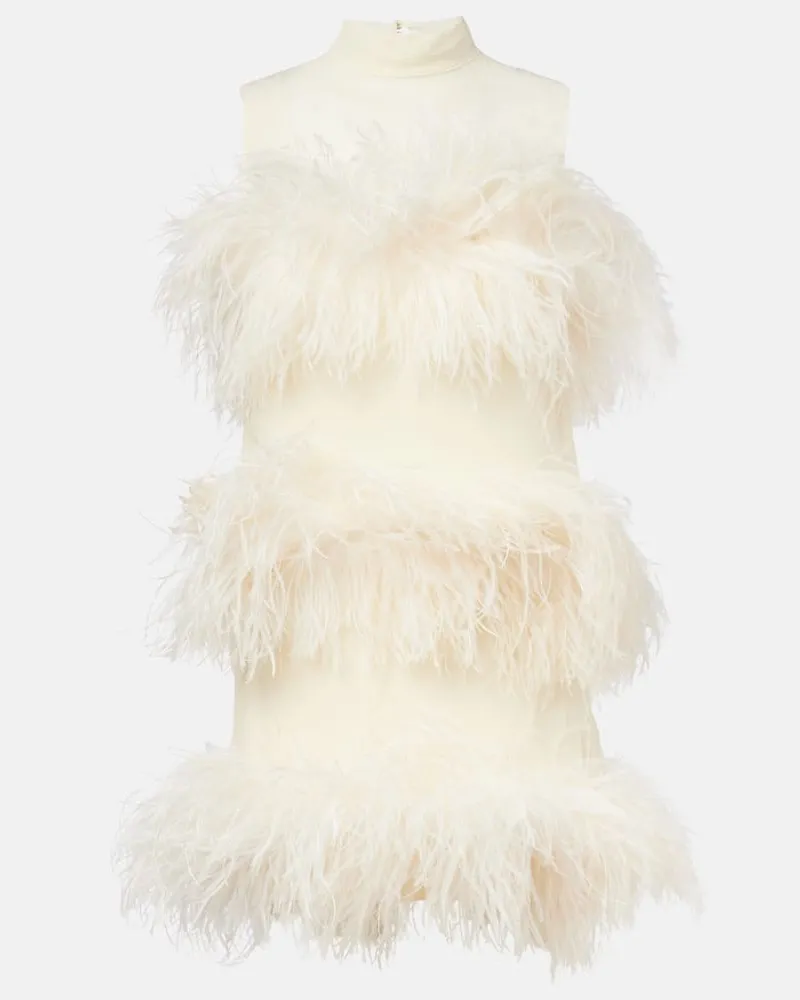 Taller Marmo Abito corto Divine in chiffon con piume Bianco