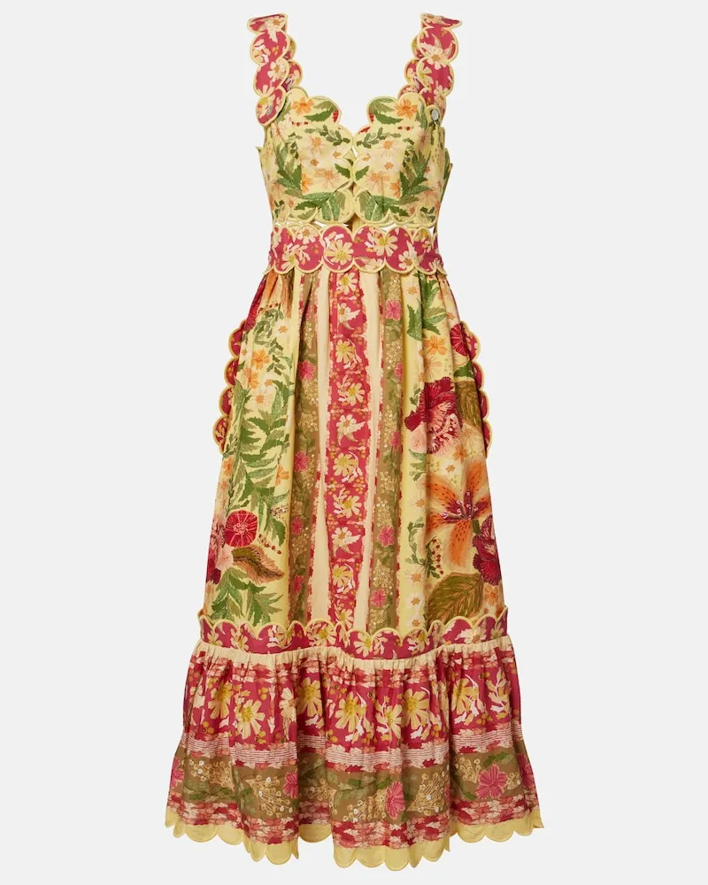 FARM Rio Abito midi Stitched Garden in misto lino Giallo