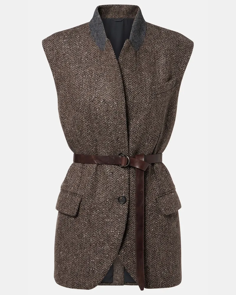 Brunello Cucinelli Gilet in misto lana spigato con paillettes Marrone