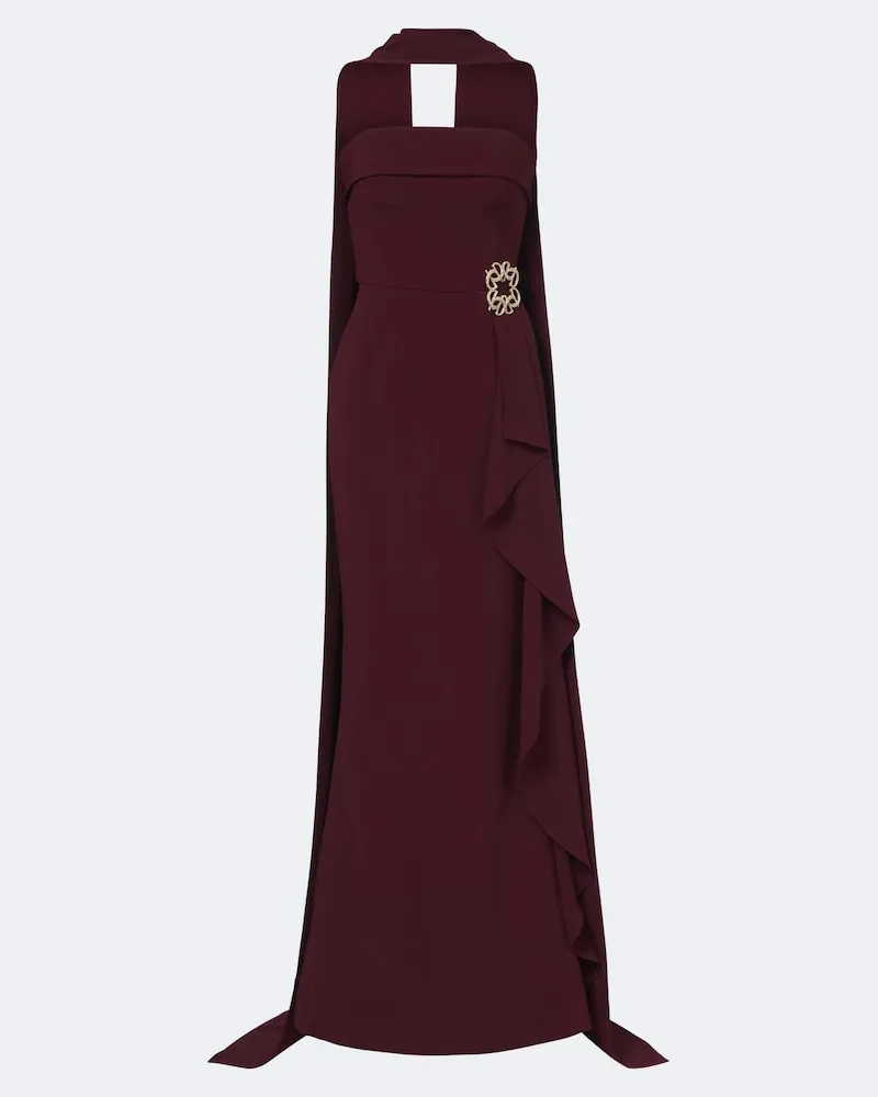 Elie Saab Abito lungo in cady con sciarpa Borgogna