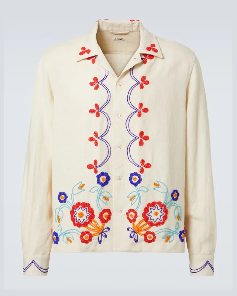 BODE Camicia Garden Party in lino con perline Bianco
