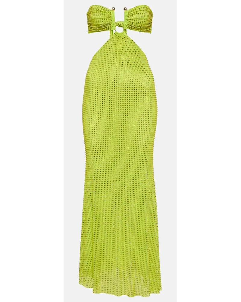 Self-Portrait Abito lungo in mesh con cristalli Verde