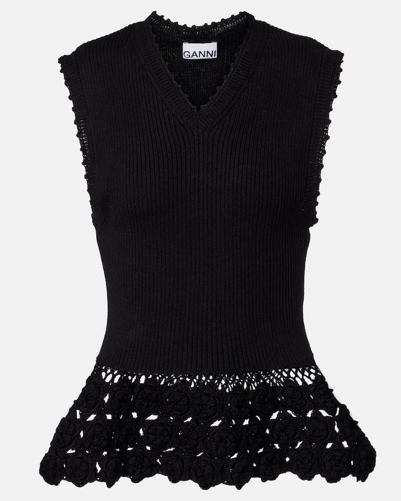 Ganni Top in misto cotone a coste con crochet Nero
