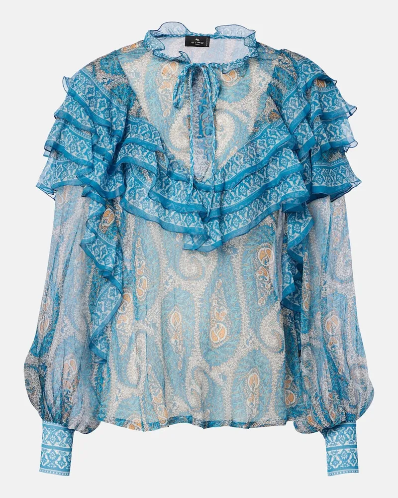 Etro Blusa in seta con paisley e volant Blu