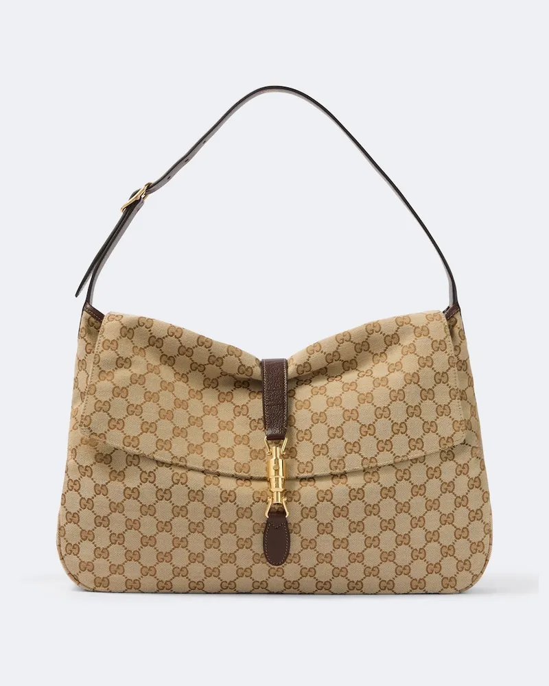 Gucci Borsa a spalla Jackie Flap Large in canvas GG Beige