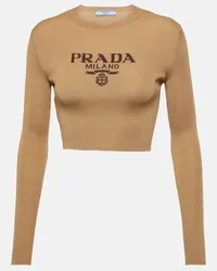 Prada Top in seta con logo Beige