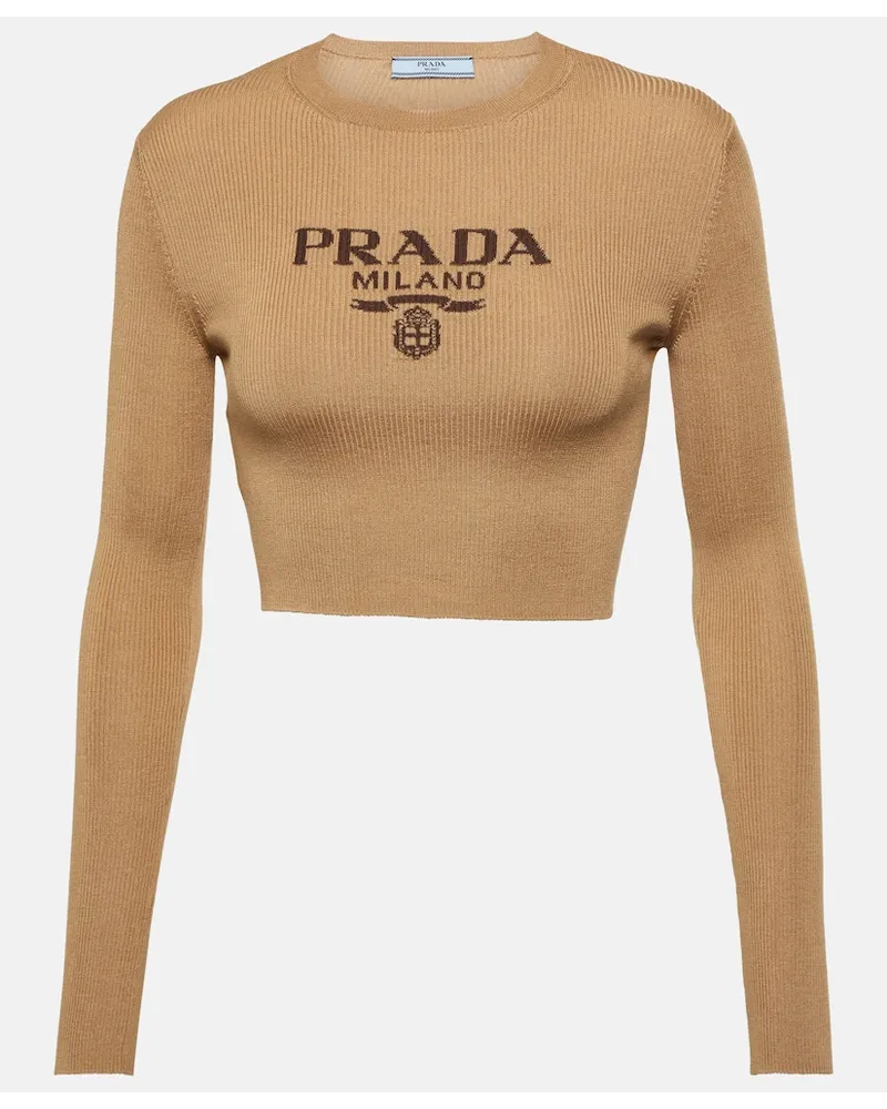 Prada Top in seta con logo Beige