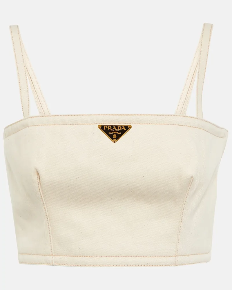 Prada Top cropped di jeans con logo Beige