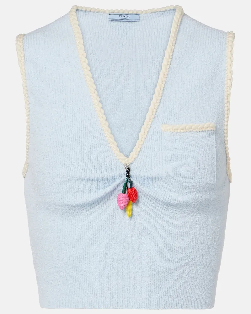 Prada Top cropped in misto cotone bouclé Blu