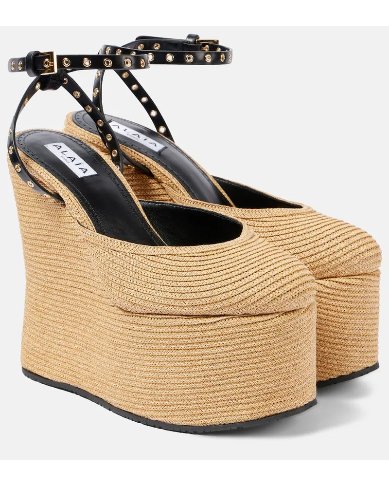 Alaïa AlaÃ¯a Sandali LA in rafia e pelle con zeppa Beige